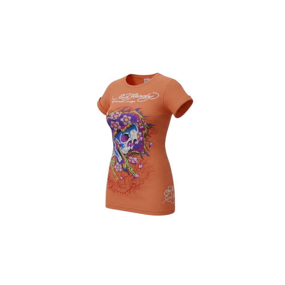Ed Hardy T-Shirt Kids Size S Orange Skull Floral Rhinestone Tiger Graphic Tee